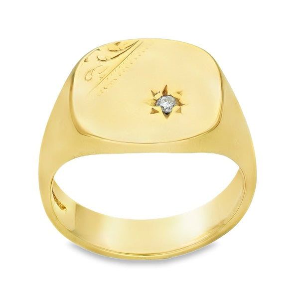9ct Yellow Gold Engraved Diamond Cushion Signet Ring - 0.05ct