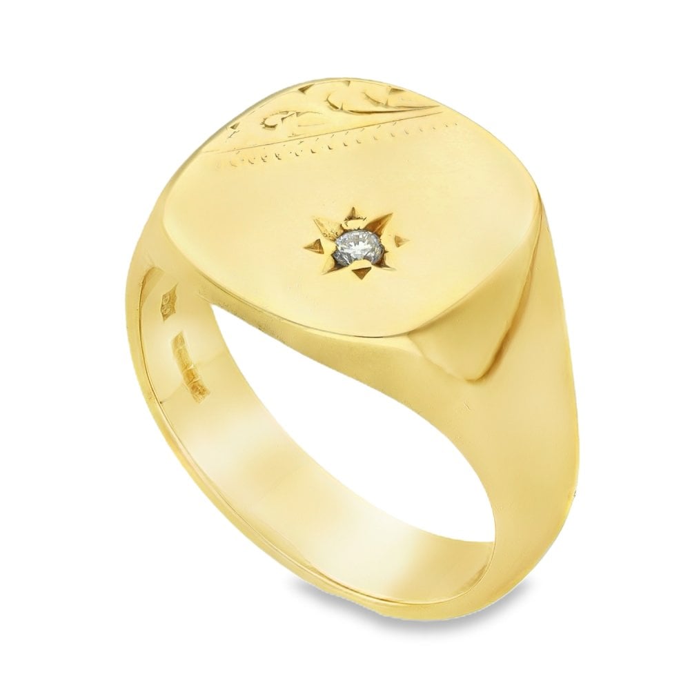 9ct Yellow Gold Engraved Diamond Cushion Signet Ring - 0.05ct