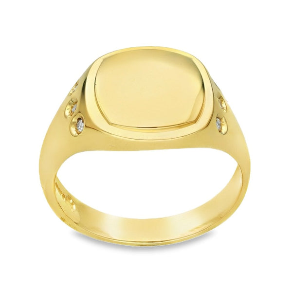 9ct Yellow Gold Diamond Cushion Signet Ring - Size T - 0.06ct