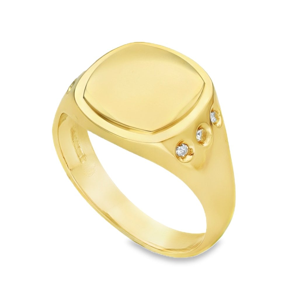 9ct Yellow Gold Diamond Cushion Signet Ring - Size T - 0.06ct