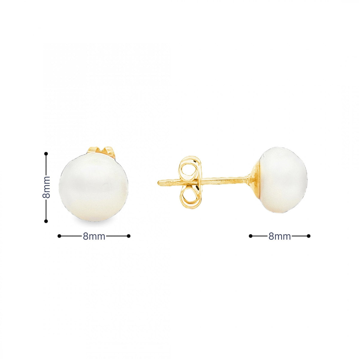 9ct Yellow Gold Pearl Stud Earrings - 8x8x8mm - 1.7g