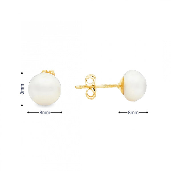 9ct Yellow Gold Pearl Stud Earrings - 8x8x8mm - 1.7g