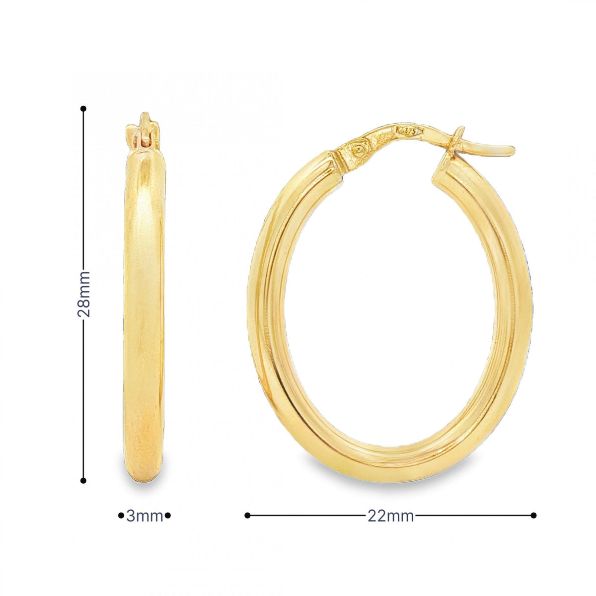 9ct Yellow Gold Oval Tube Hoop Earrings - 3x28x22mm - 1.9g