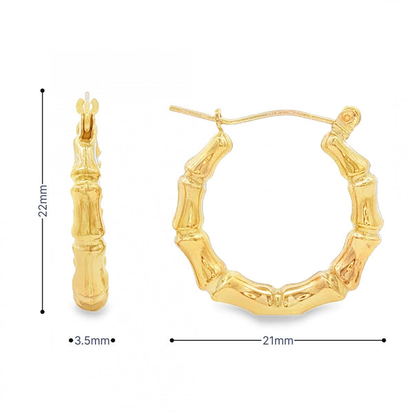 9ct Yellow Gold Bamboo Hoop Earrings - 3.5x22x21mm - 2.1g
