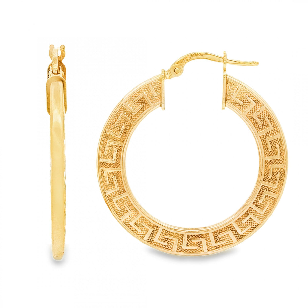 9ct Yellow Gold Greek Key Hoop Earrings - 2x32x30mm - 3.2g