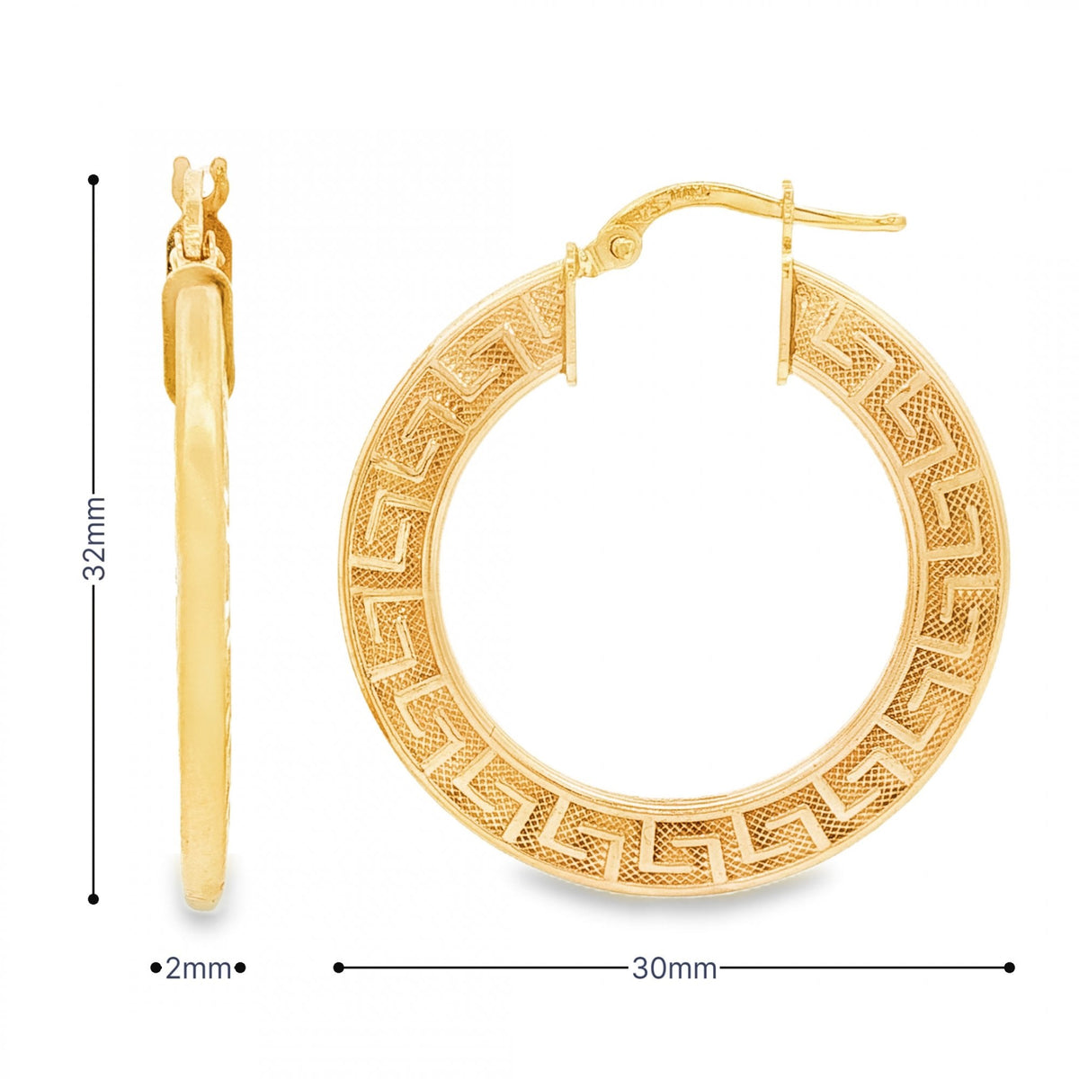 9ct Yellow Gold Greek Key Hoop Earrings - 2x32x30mm - 3.2g