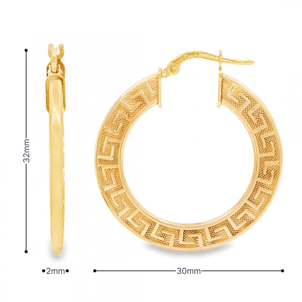 9ct Yellow Gold Greek Key Hoop Earrings - 2x32x30mm - 3.2g