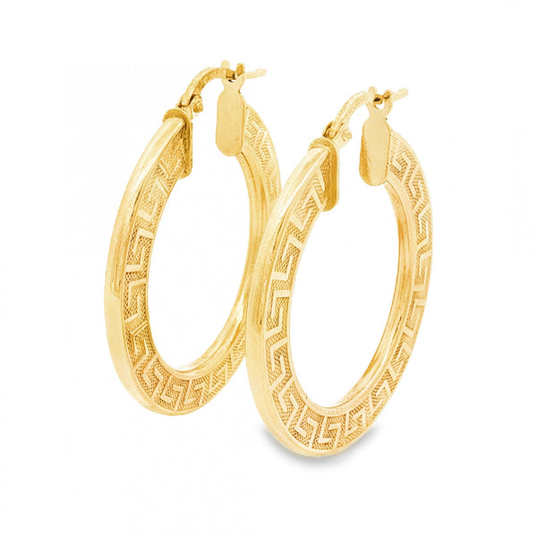 9ct Yellow Gold Greek Key Hoop Earrings - 2x32x30mm - 3.2g
