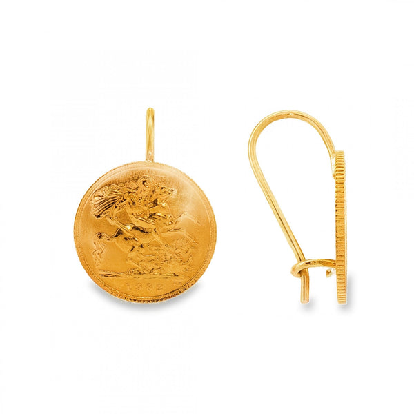 1982 Yellow Gold Half Sovereign Coin Earrings - 19x26x13mm -9.3g