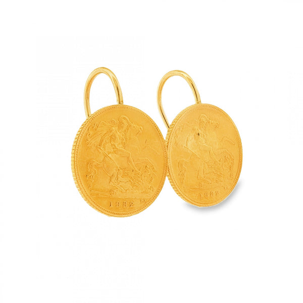 1982 Yellow Gold Half Sovereign Coin Earrings - 19x26x13mm -9.3g