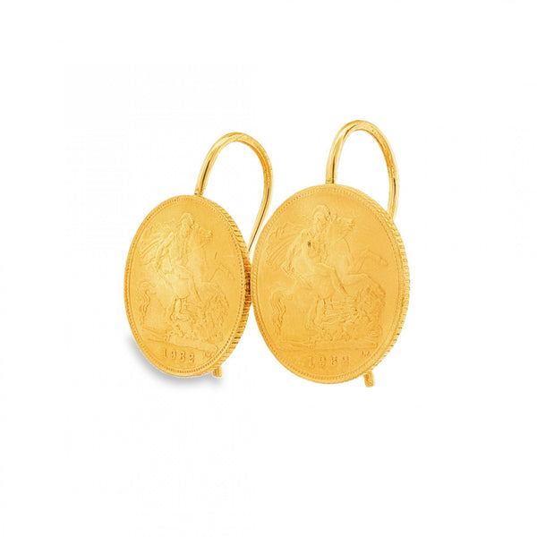 1982 Yellow Gold Half Sovereign Coin Earrings - 19x26x13mm -9.3g
