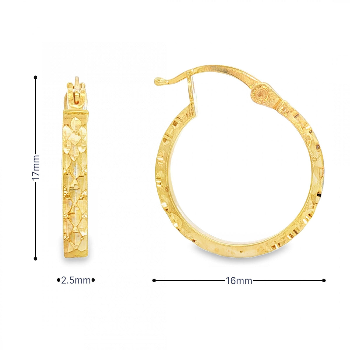 9ct Yellow Gold Faceted Hoop Earrings - 2.5x17x16mm - 1.1g