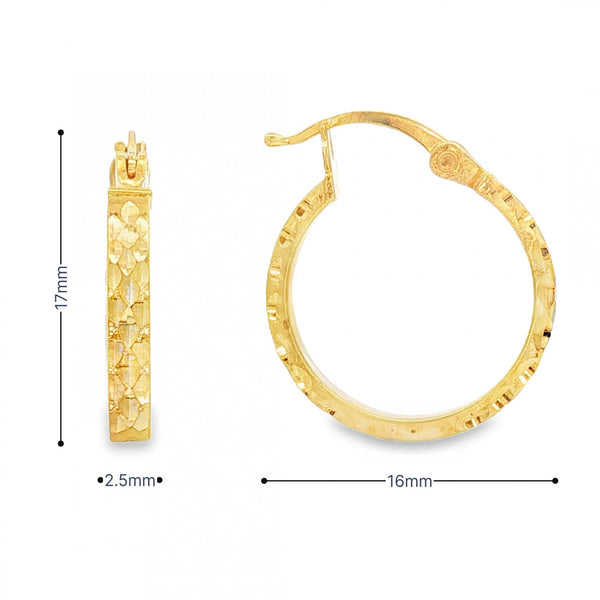 9ct Yellow Gold Faceted Hoop Earrings - 2.5x17x16mm - 1.1g