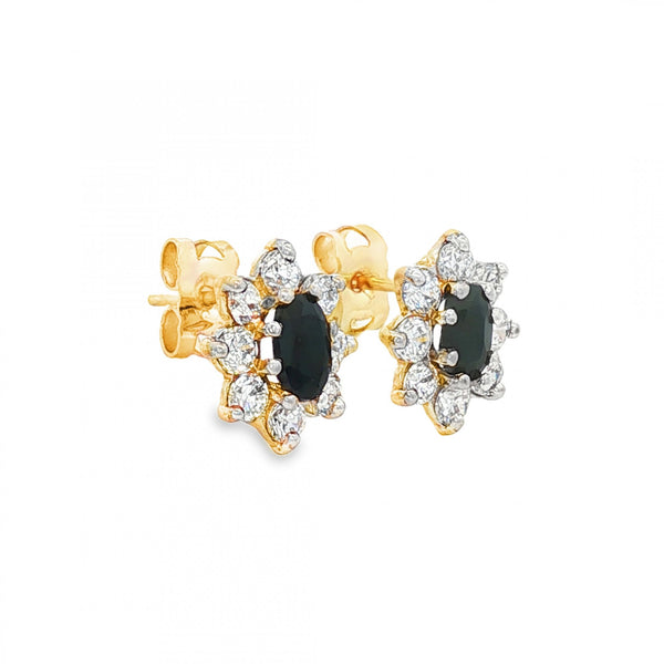 9ct Yellow Gold Sapphire & CZ Cluster Stud Earrings - 9x10x3mm