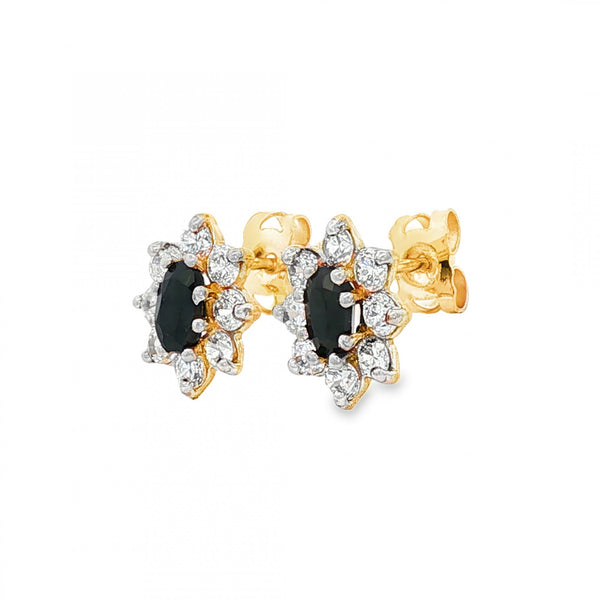 9ct Yellow Gold Sapphire & CZ Cluster Stud Earrings - 9x10x3mm