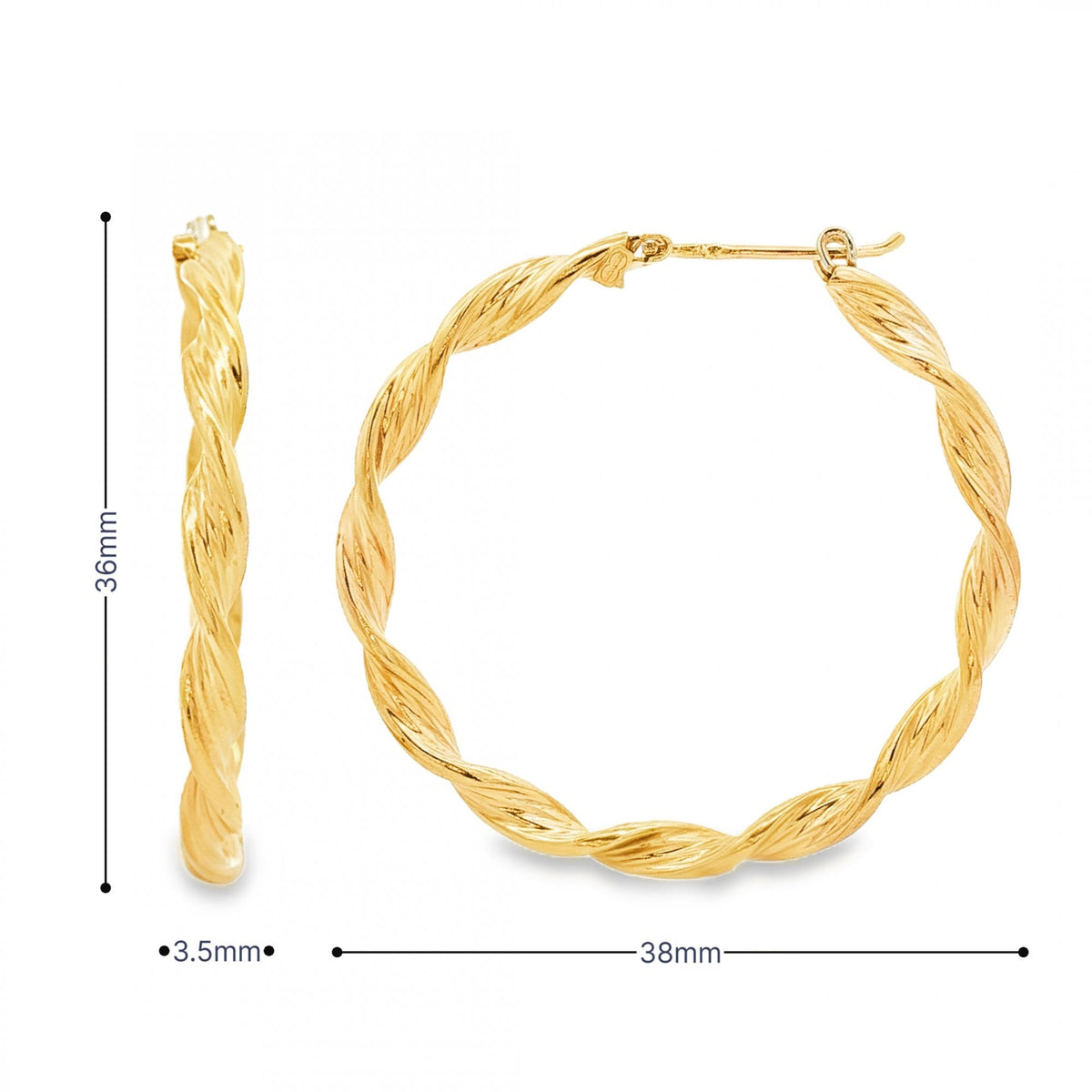 9ct Yellow Gold Twist Ribbon Hoop Earrings - 3.5x36x38mm - 3.1g