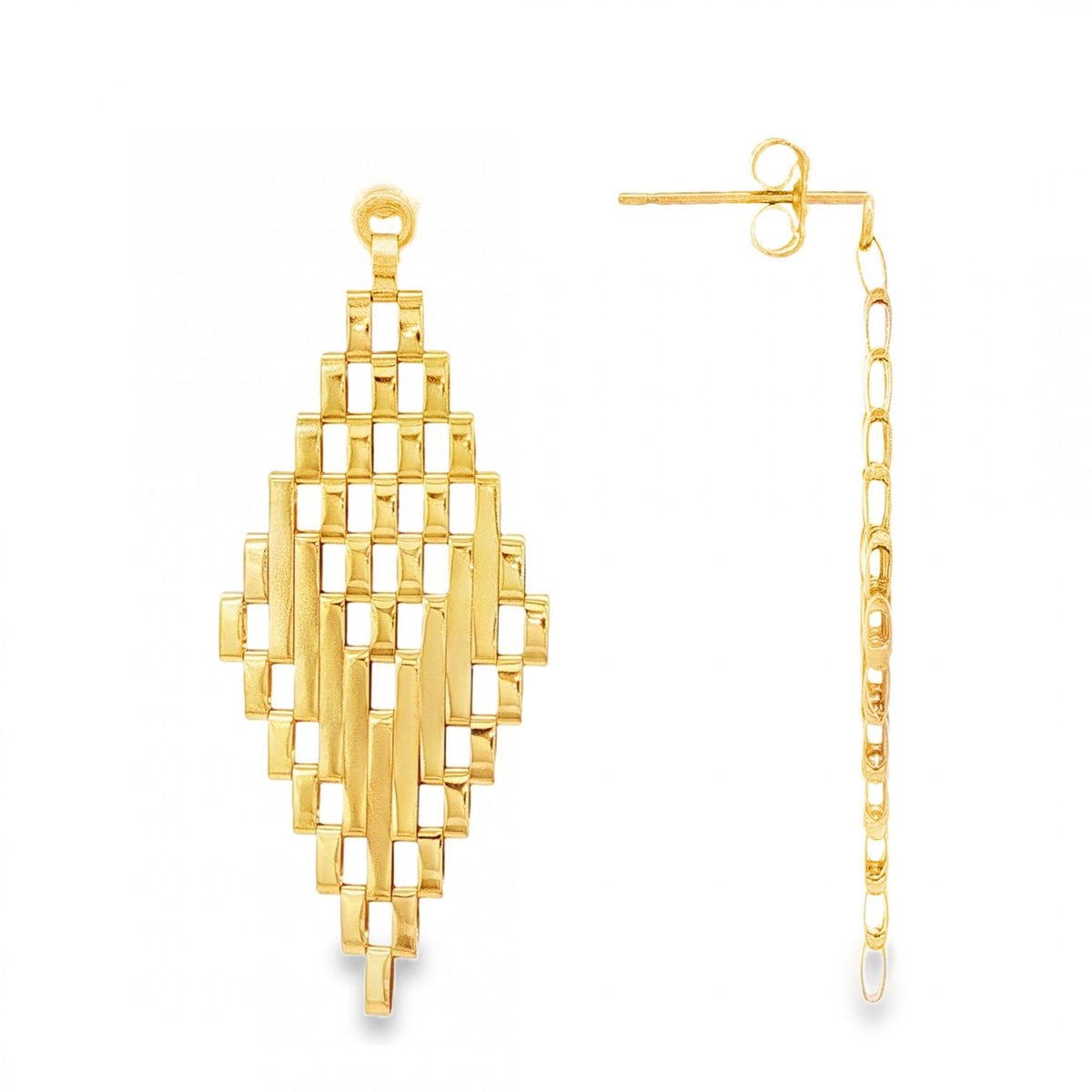 9ct Yellow Gold Diamond-Shaped Gate-Link Earrings - 16x42x1.5mm