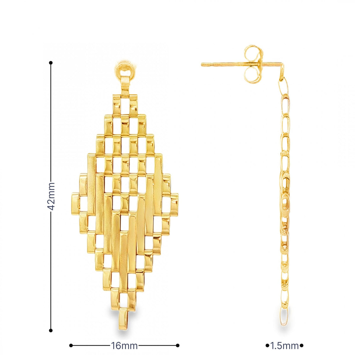 9ct Yellow Gold Diamond-Shaped Gate-Link Earrings - 16x42x1.5mm