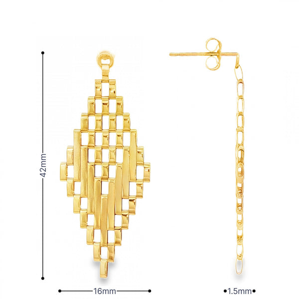 9ct Yellow Gold Diamond-Shaped Gate-Link Earrings - 16x42x1.5mm