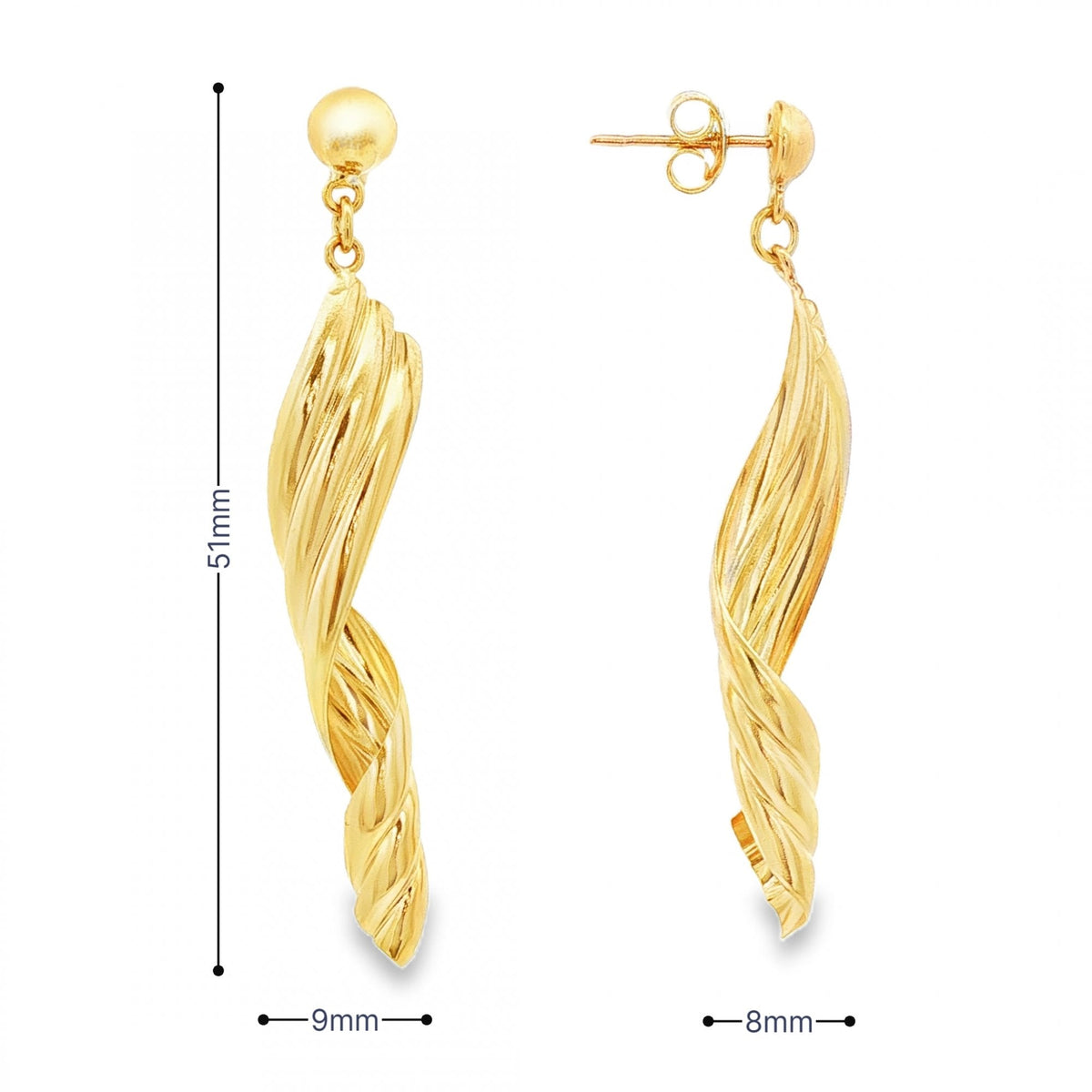 9ct Yellow Gold Spiral Drop Earrings - 9x51x8mm - 2.7g