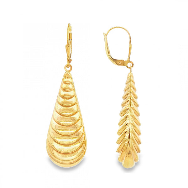 9ct Yellow Gold Ribbed Long Drop Earrings - 14x50x9mm - 4.4g
