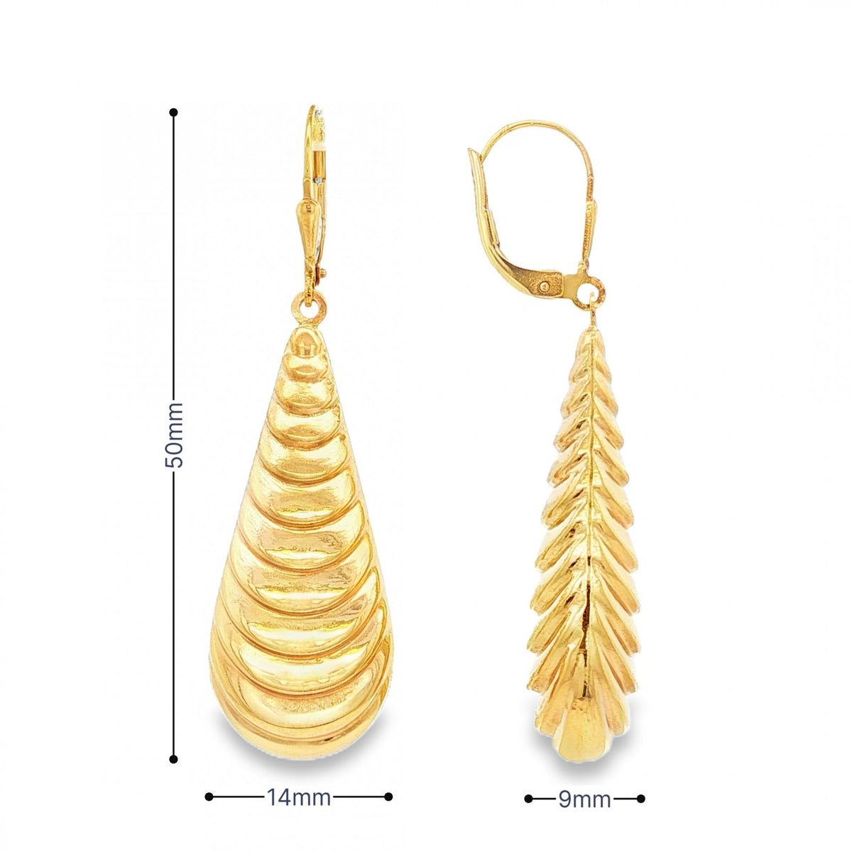 9ct Yellow Gold Ribbed Long Drop Earrings - 14x50x9mm - 4.4g