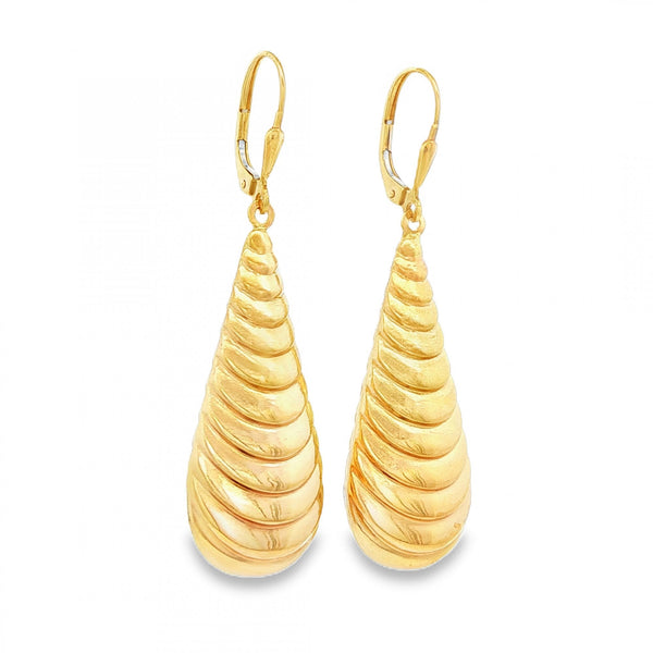 9ct Yellow Gold Ribbed Long Drop Earrings - 14x50x9mm - 4.4g