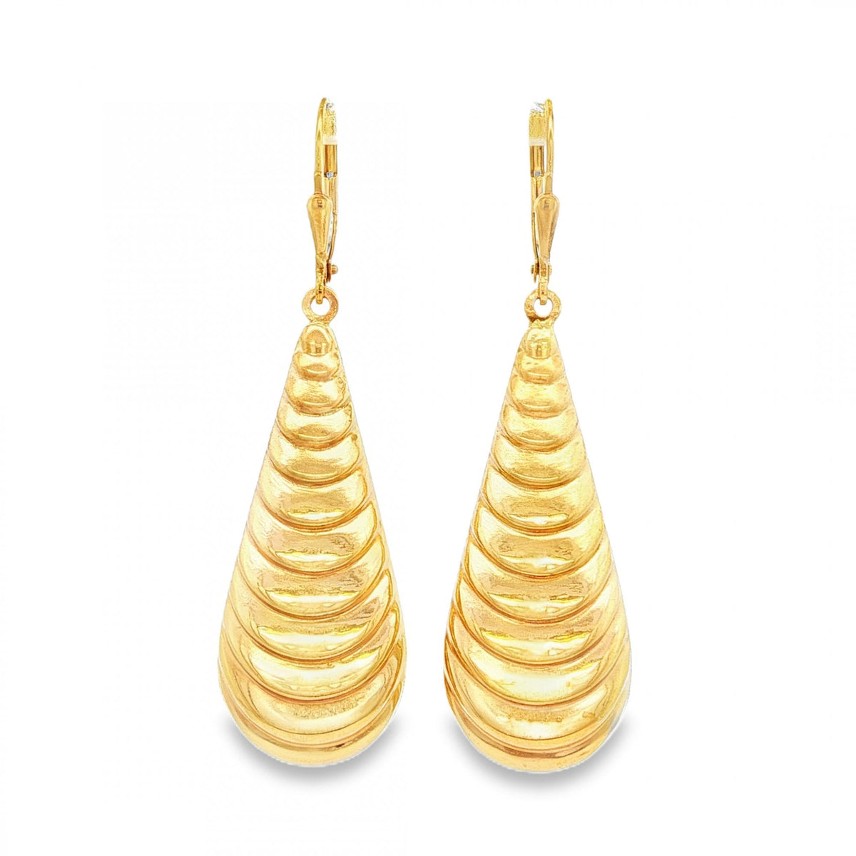 9ct Yellow Gold Ribbed Long Drop Earrings - 14x50x9mm - 4.4g