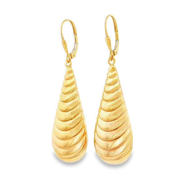 9ct Yellow Gold Ribbed Long Drop Earrings - 14x50x9mm - 4.4g