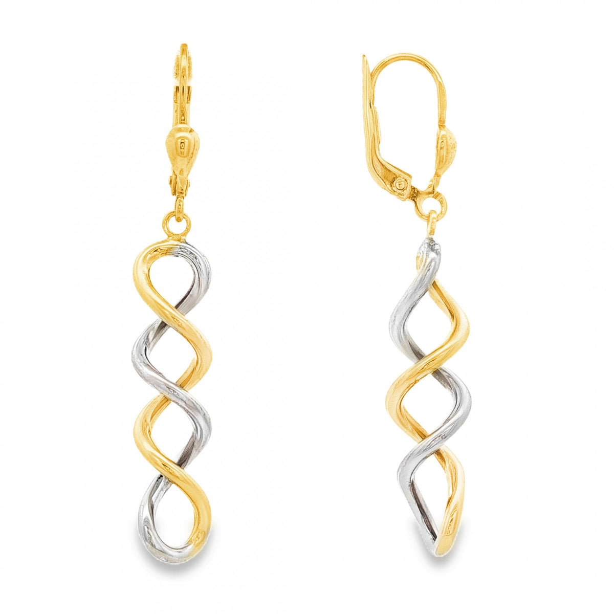 9ct Yellow & White Gold Spiral Drop Earrings - 7x32x7mm - 2.2g