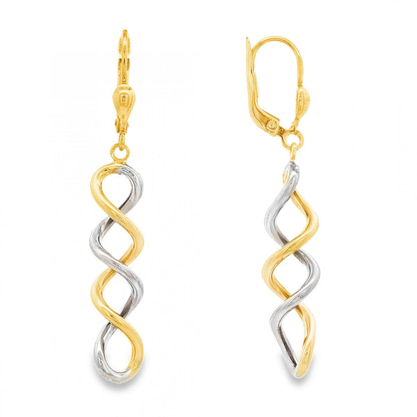 9ct Yellow & White Gold Spiral Drop Earrings - 7x32x7mm - 2.2g