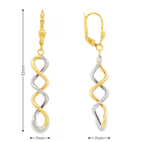 9ct Yellow & White Gold Spiral Drop Earrings - 7x32x7mm - 2.2g