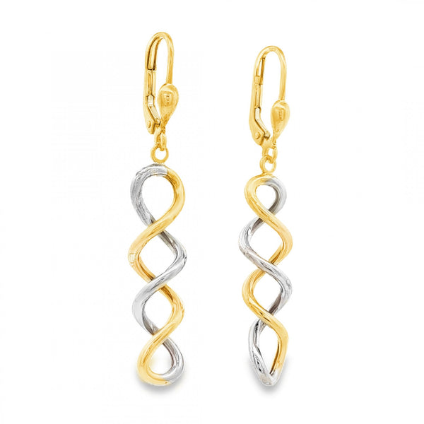 9ct Yellow & White Gold Spiral Drop Earrings - 7x32x7mm - 2.2g