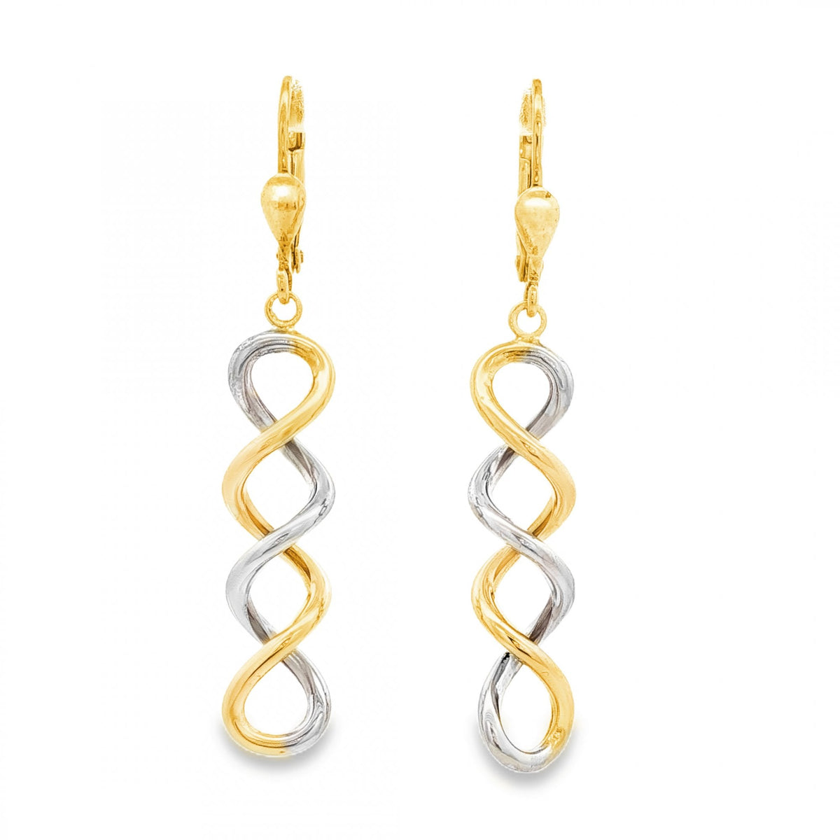 9ct Yellow & White Gold Spiral Drop Earrings - 7x32x7mm - 2.2g