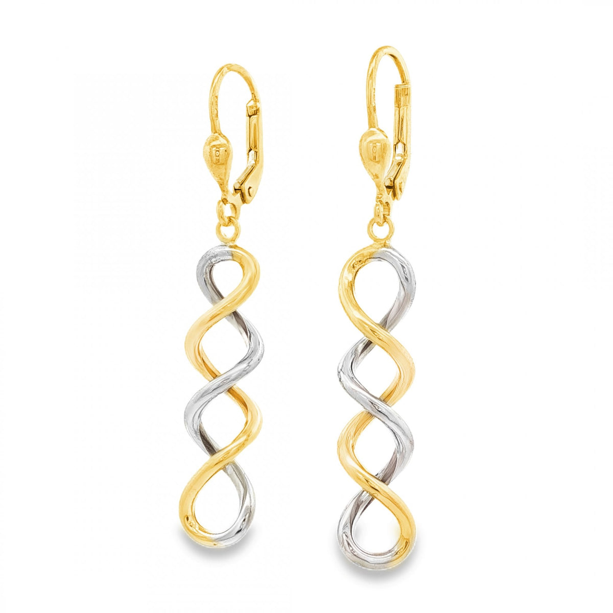 9ct Yellow & White Gold Spiral Drop Earrings - 7x32x7mm - 2.2g