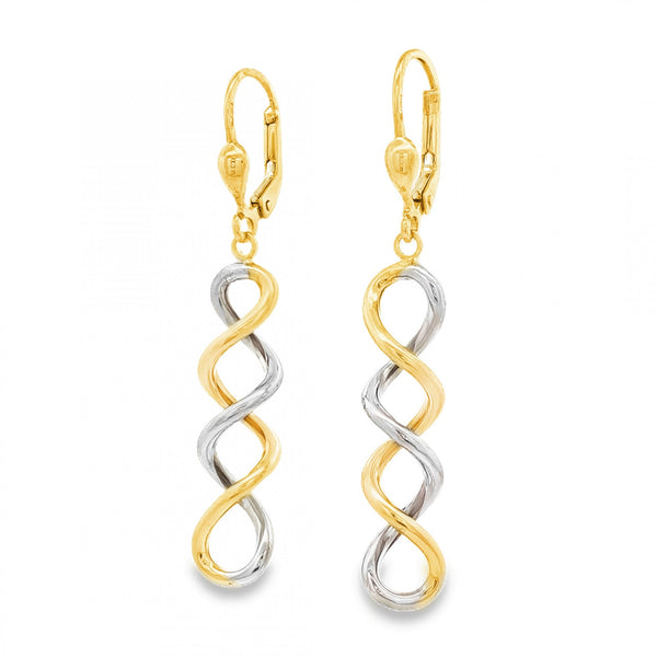 9ct Yellow & White Gold Spiral Drop Earrings - 7x32x7mm - 2.2g