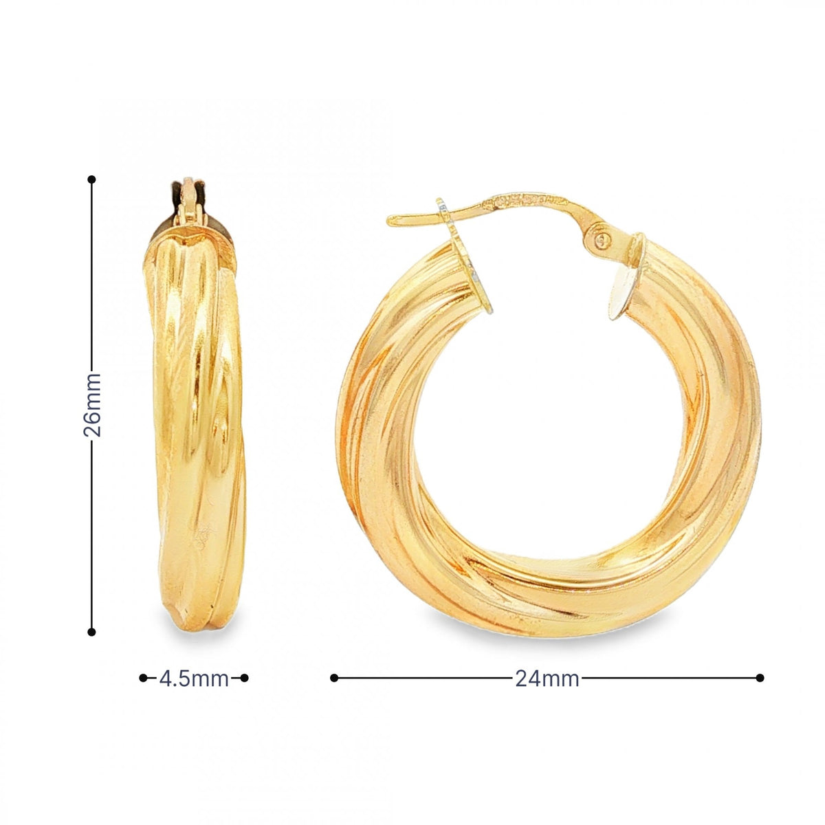 9ct Yellow Gold Twist Tube Hoop Earrings - 4.5x26x24mm - 2.5g