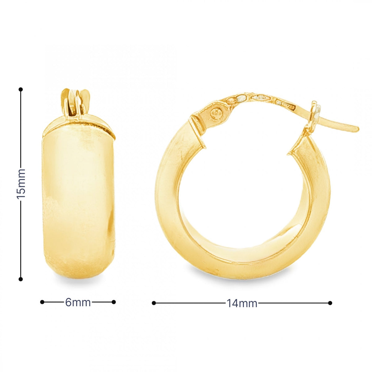 9ct Yellow Gold D-Shape Hoop Earrings - 6x15x14mm - 1.9g