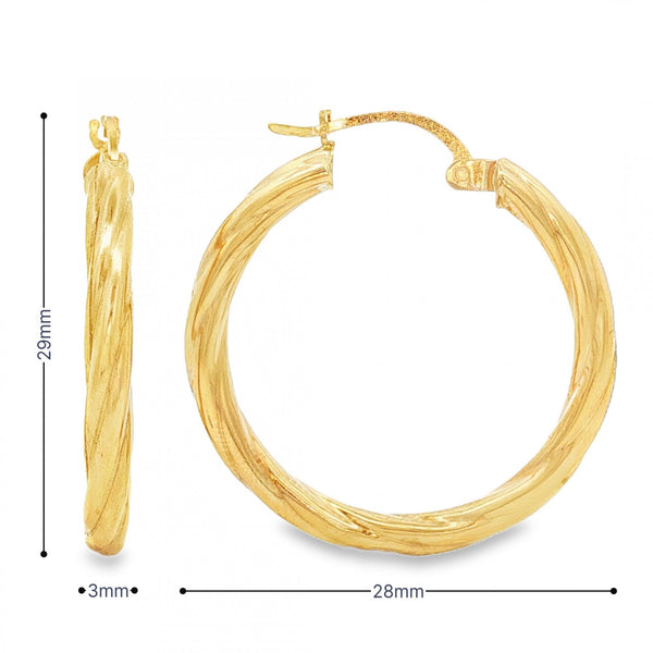 9ct Yellow Gold Round Twist Hoop Earrings - 3x29x28mm - 1.7g