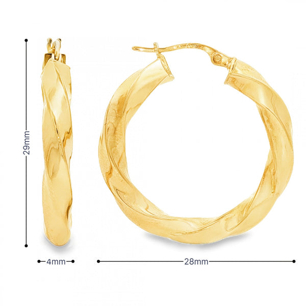 9ct Yellow Gold Ribbon Twist Hoop Earrings - 4x29x28mm - 2.9g