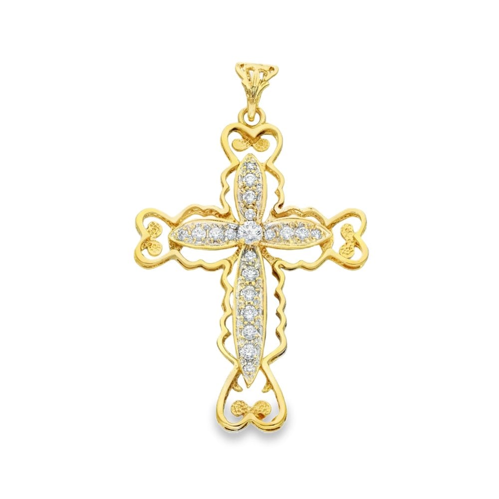 9ct Yellow Gold Heart Edge CZ Cross Pendant - 41x59x5mm - 10.5g