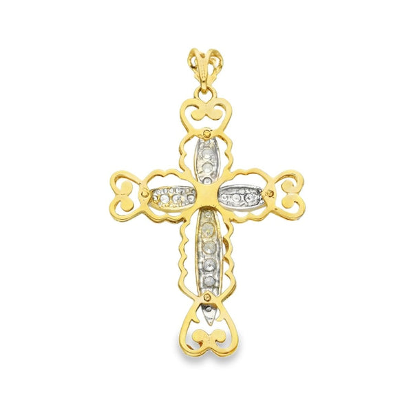 9ct Yellow Gold Heart Edge CZ Cross Pendant - 41x59x5mm - 10.5g