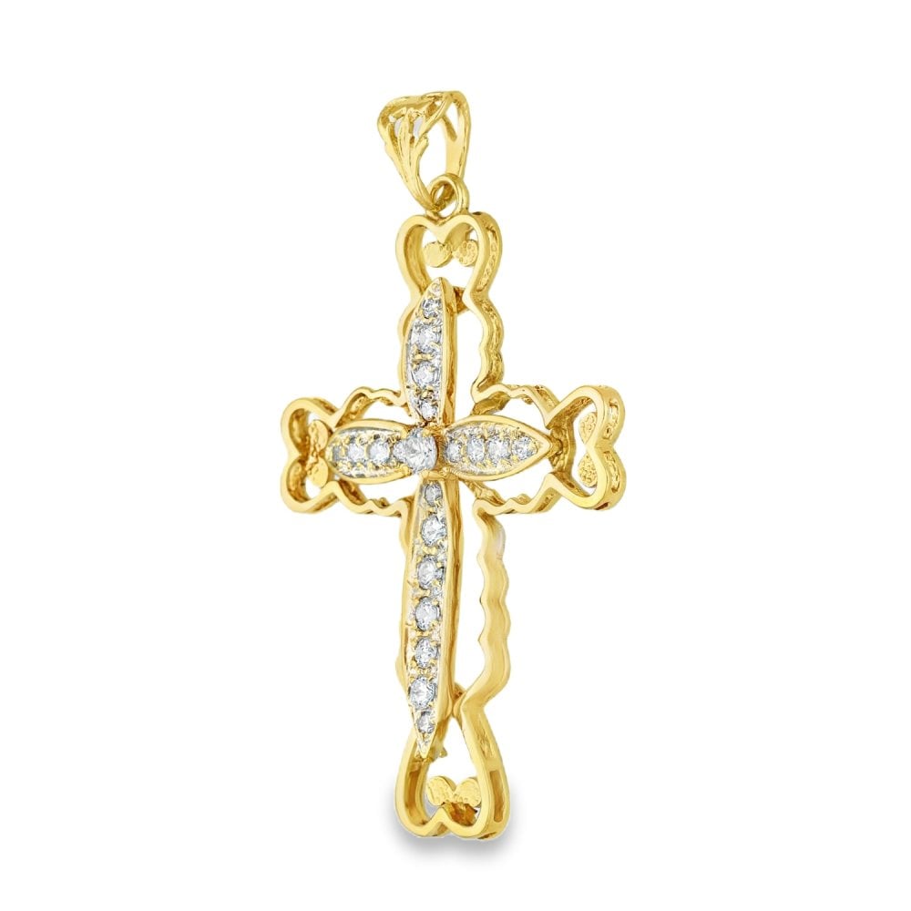 9ct Yellow Gold Heart Edge CZ Cross Pendant - 41x59x5mm - 10.5g