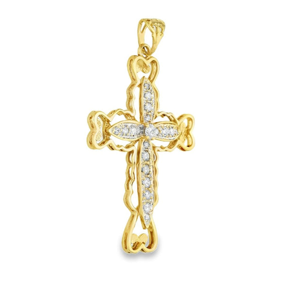 9ct Yellow Gold Heart Edge CZ Cross Pendant - 41x59x5mm - 10.5g
