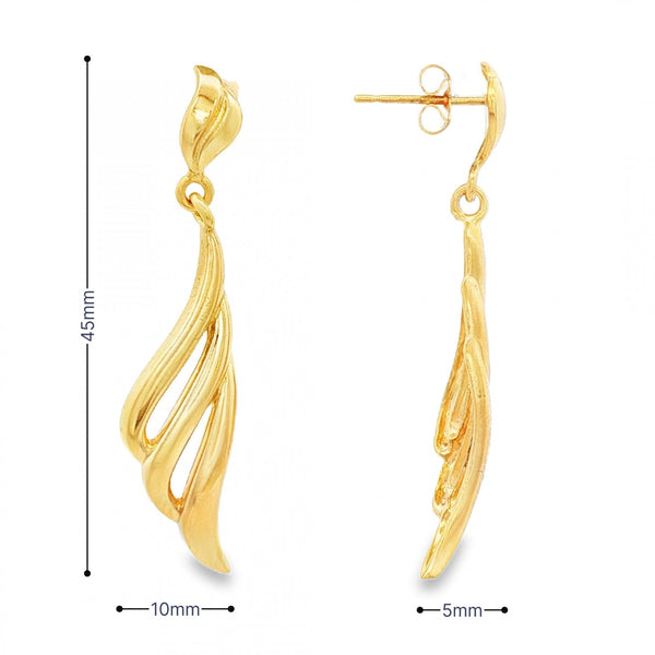 9ct Yellow Gold Flame Drop Earrings - 10x45x5mm - 4.8g