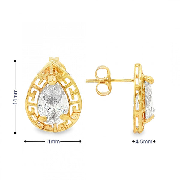 18ct Yellow Gold Pear CZ Stud Earrings - 11x14x4.5mm - 3.1g