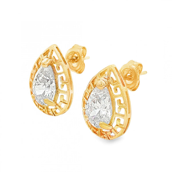 18ct Yellow Gold Pear CZ Stud Earrings - 11x14x4.5mm - 3.1g