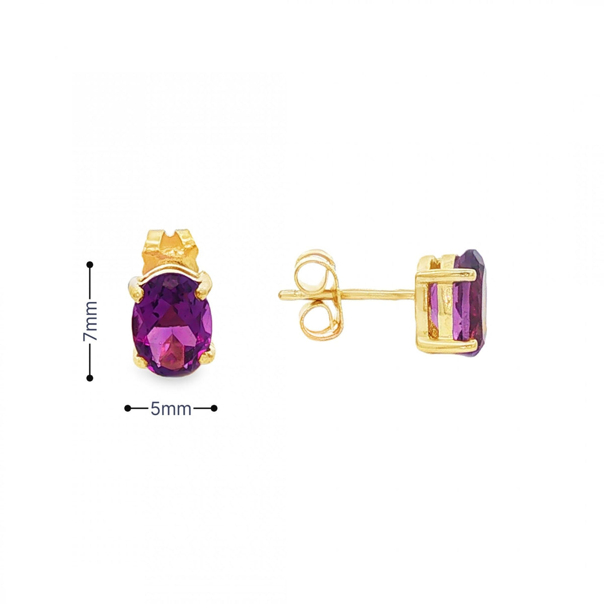9ct Yellow Gold Amethyst Stud Earrings - 5x7mm - 1.1g