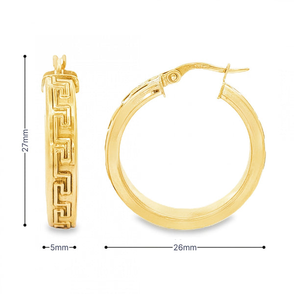 9ct Yellow Gold Hollow Greek Key Hoop Earrings - 5x27x26mm -2.8g