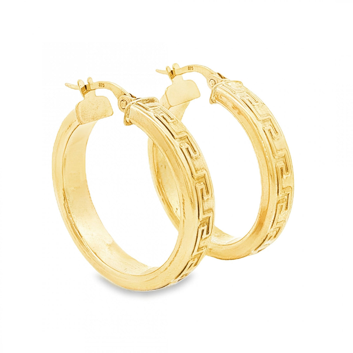 9ct Yellow Gold Hollow Greek Key Hoop Earrings - 5x27x26mm -2.8g